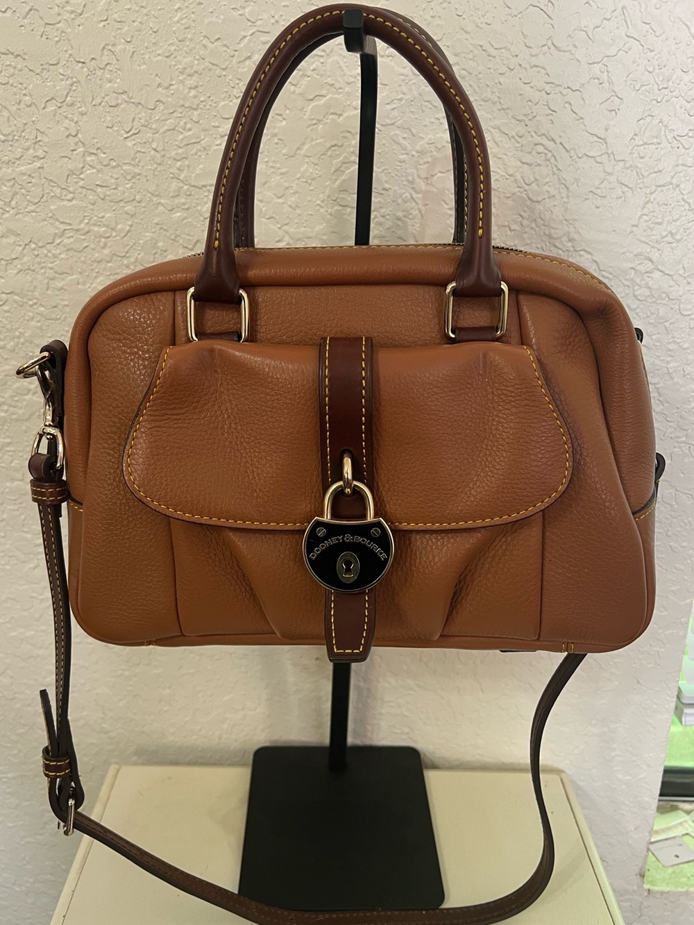 Dooney & Bourke Brown Tan Pebbled Leather Satchel with Adjustable Strap
